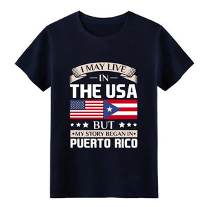 Puerto Rico May Live in USA Story Began in Puerto Rico Flag t shirt - aybendito